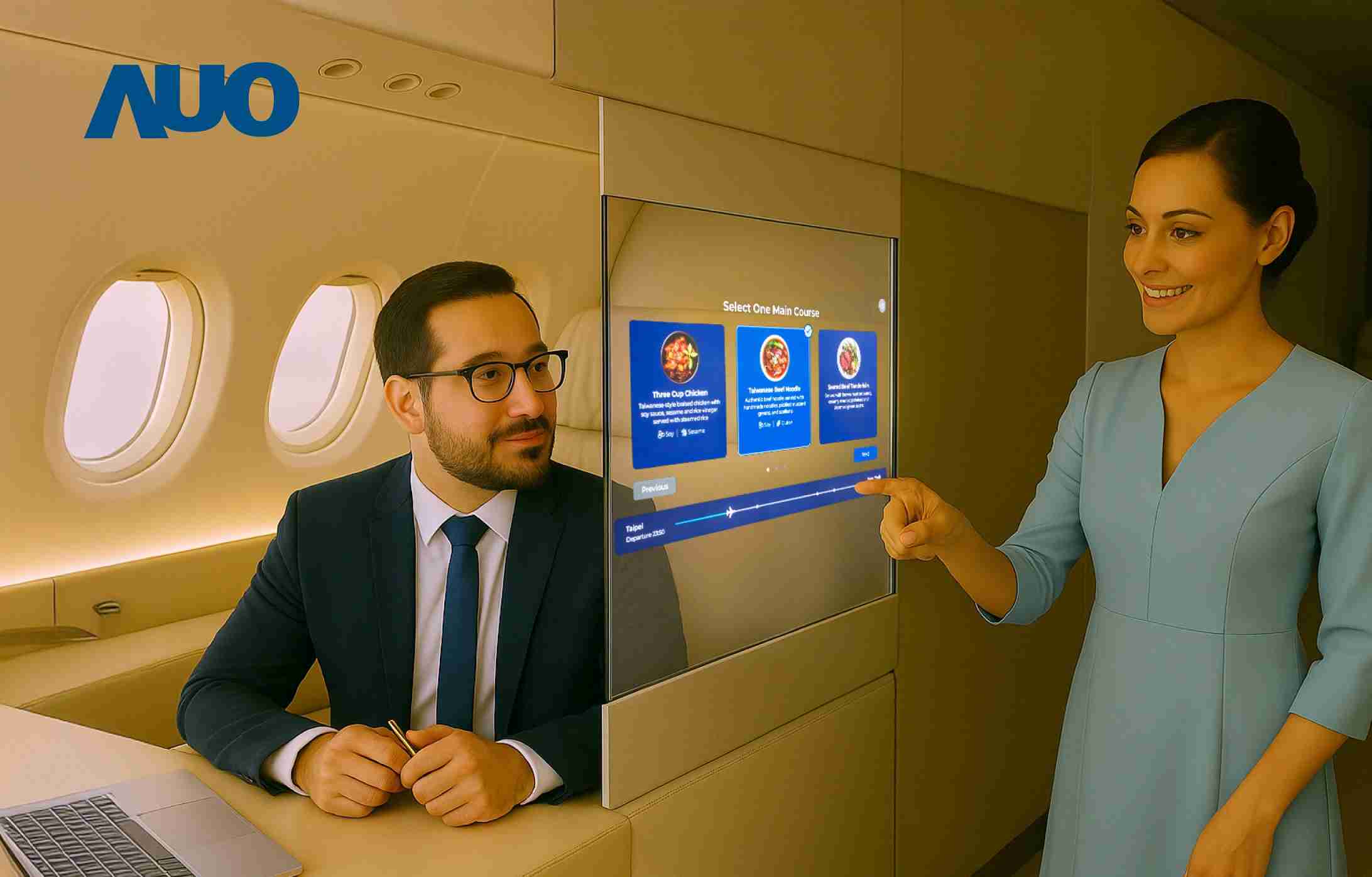 优游UB8研发全球最薄17.3 吋双面透明 Micro LED 显示器，，可在同一屏幕之双边投射不同信息，，，，创造独特的”透明化”互动；图为实时翻译交流应用情境